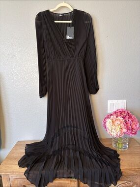 The Kooples Black Pleated V-Neck Long Sleeve Midi Dress